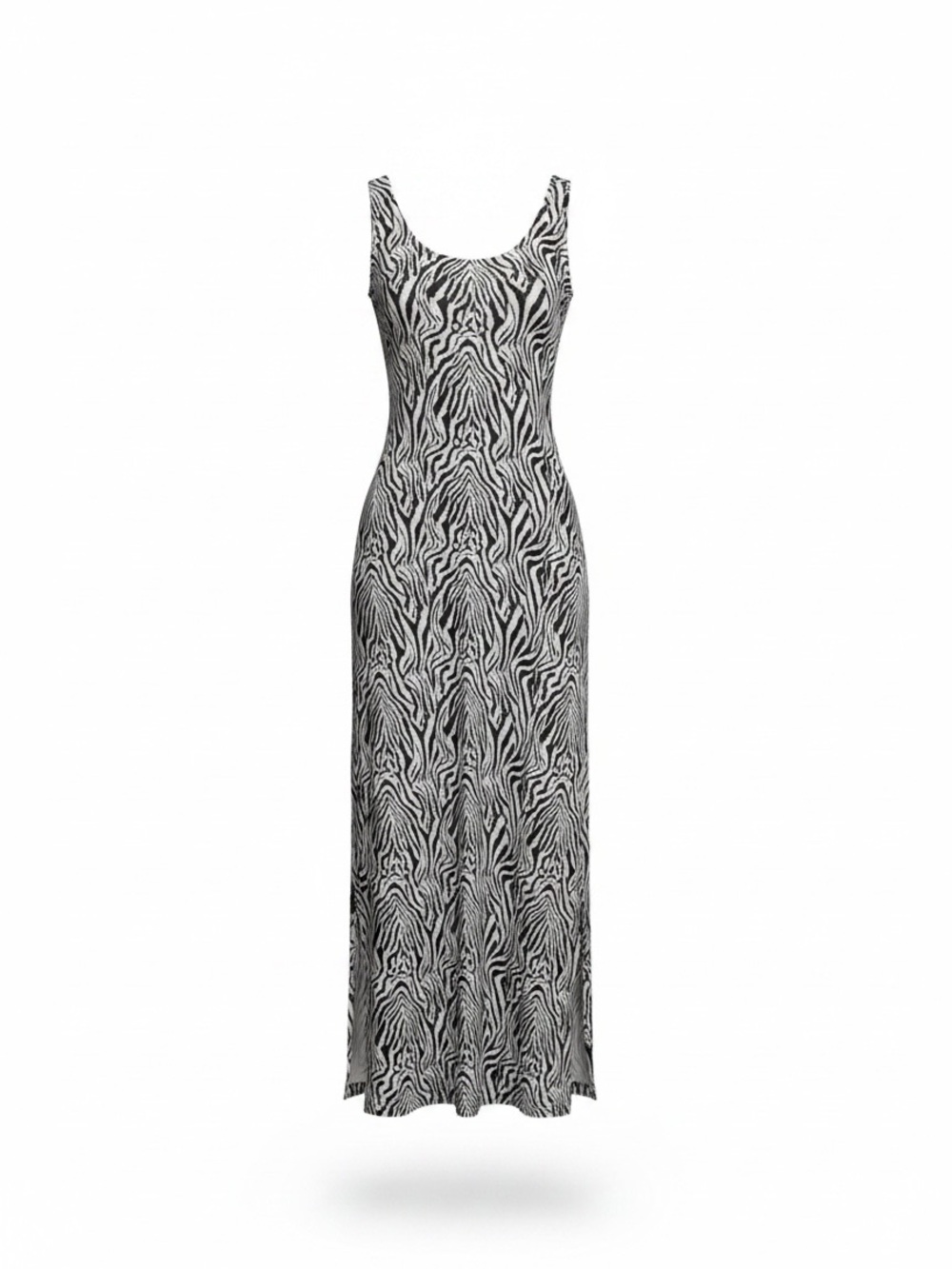 ICHI Black & White Zebra Print Sleeveless Maxi Dress Side Slits (59 chars)
